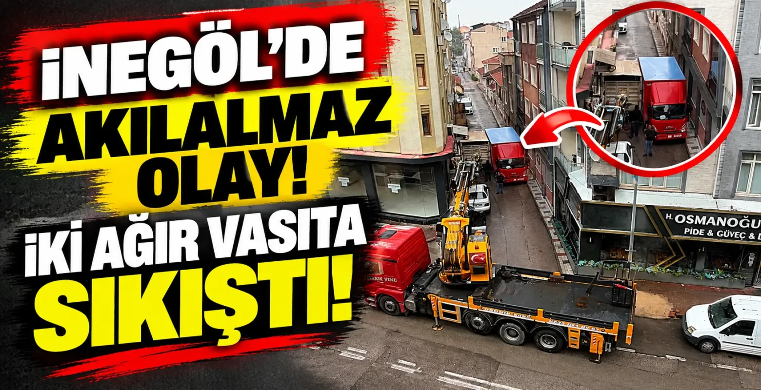 İnegöl'de akılalmaz olay! İki ağır vasıta sıkıştı